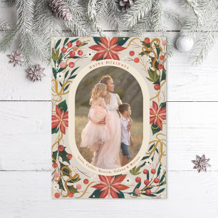 Illustrated Poinsettias Gold Ribbon Photo Holiday Card