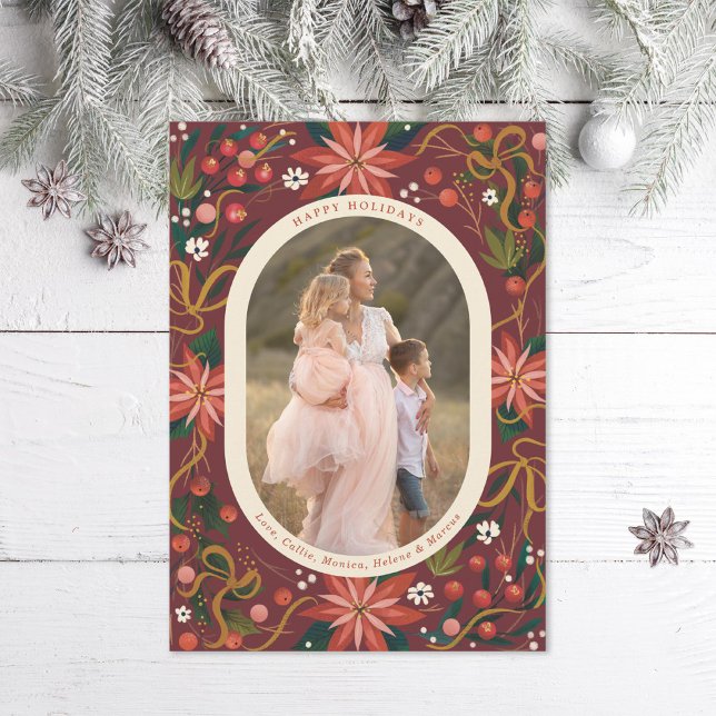 Illustrated Poinsettias Gold Ribbon Photo Holiday Card (Creator Uploaded)