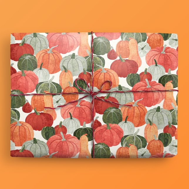 Illustrated Pumpkin Patch Pattern Wrapping Paper (Gift Mockup)