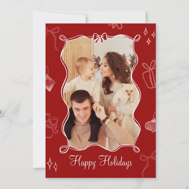 Illustrated Red Bow Christmas Photo Card Template (Front)