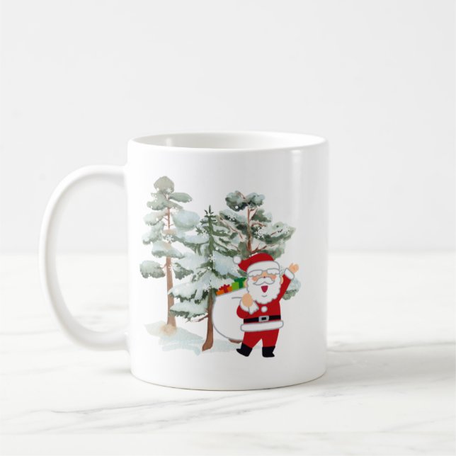 Illustrated Red Jolly Santa with Green snowy Trees Coffee Mug (Left)