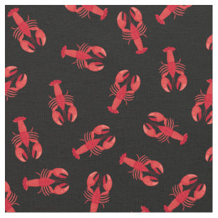 Illustrated Red Lobsters on Black Fabric