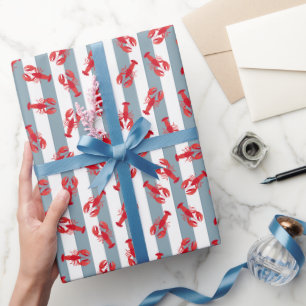Illustrated Red Lobsters on Light Gray-Blue Stripe Wrapping Paper