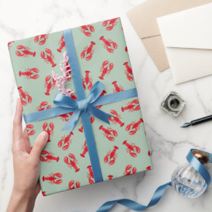Illustrated Red Lobsters on Light Green Wrapping Paper