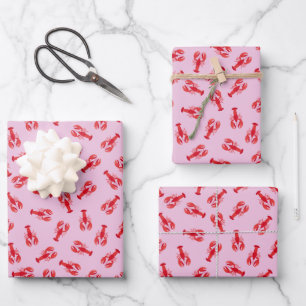 Illustrated Red Lobsters on Light Pink Wrapping Paper Sheet