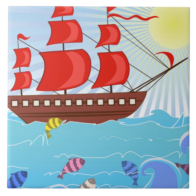 Illustrated Red Pirate Ship Tile (Front)