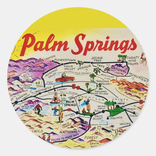Illustrated Retro Palm Springs  Classic Round Sticker (Front)