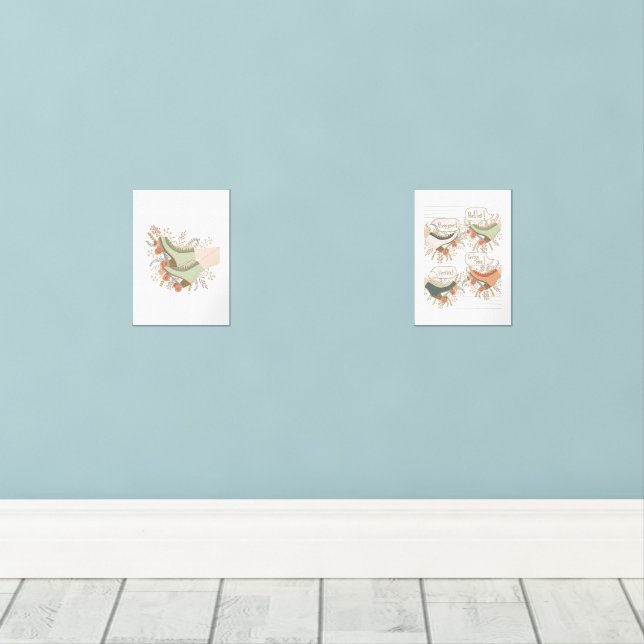 Illustrated Roller Skates Flowers Print Set (Wood Floor)