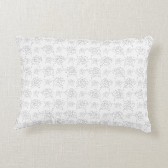 Illustrated Roses Grey over White Cute Pattern Accent Pillow (Back)