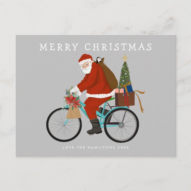 Illustrated Santa Riding a Bicycle Custom Colour Holiday Postcard (Front)