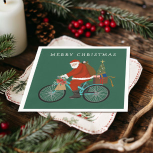 Illustrated Santa Riding a Bicycle Custom Colour Napkin