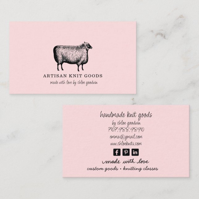 Illustrated Sheep Knitting Pink Business Card (Front/Back)
