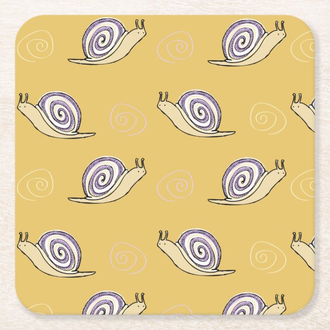 Illustrated Snails and Swirls Pattern Square Paper Coaster (Front)