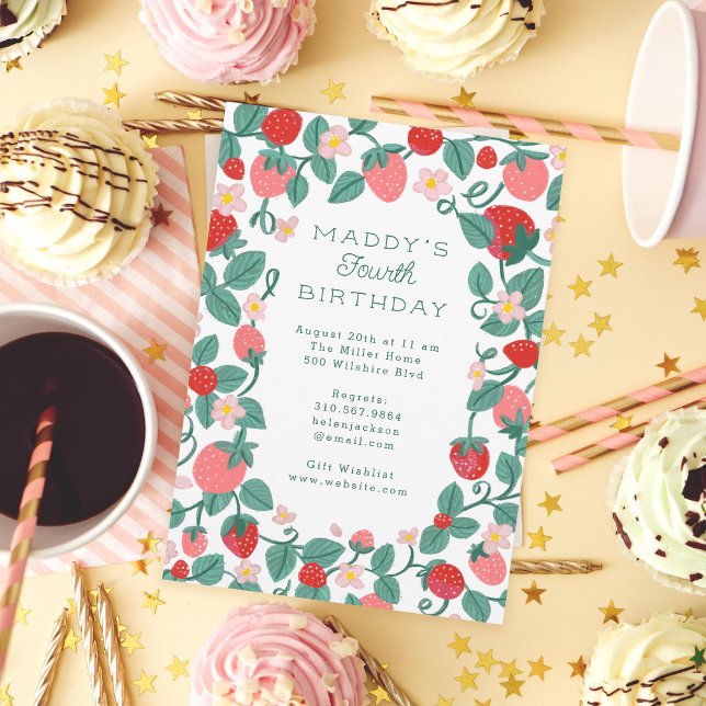 Illustrated Strawberry Berry Sweet Birthday Party Invitation (Creator Uploaded)