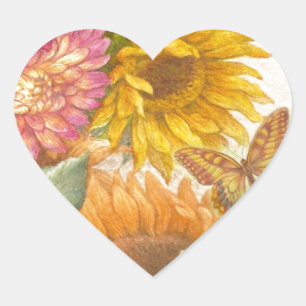 Illustrated Sunflower & Butterfly personalize Heart Sticker