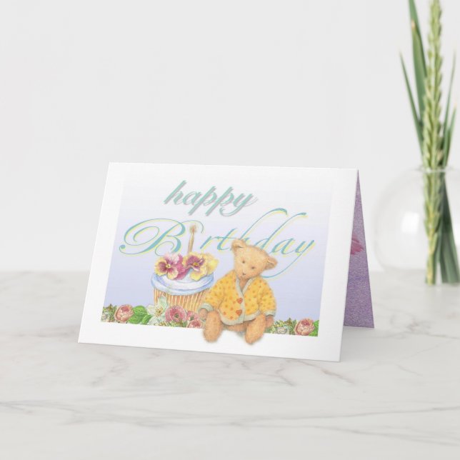 Illustrated Teddybear Cupcake Birthday Card (Front)
