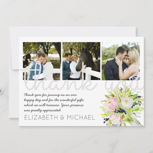 Illustrated Thank You Wedding PHOTO Collage Card (Front)