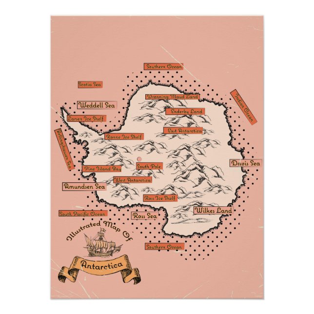 Illustrated Travel map Antarctica Poster (Front)