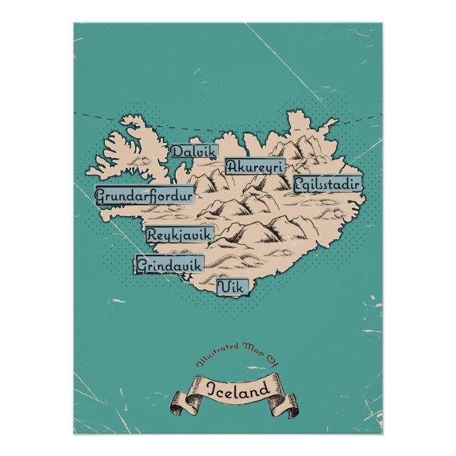 Illustrated Travel map Iceland Poster (Front)