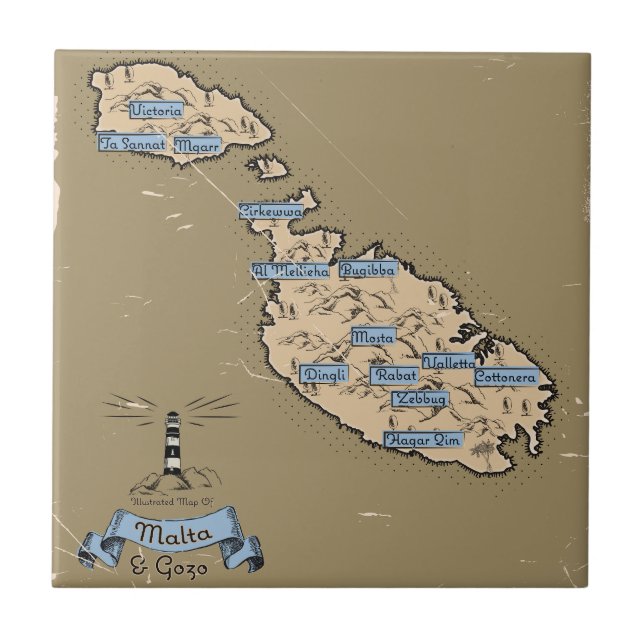 Illustrated Travel map Malta Tile (Front)