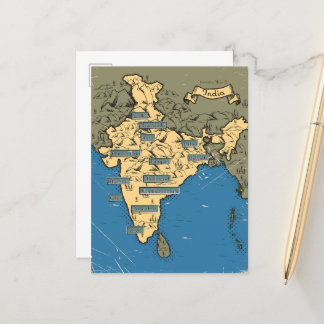 Illustrated Travel map Of India Announcement Postcard