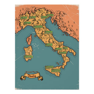 Illustrated Travel map Of Italy Poster