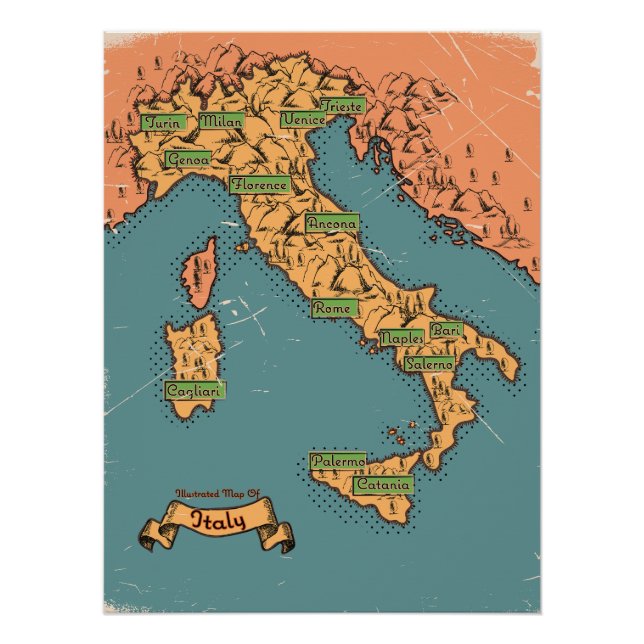 Illustrated Travel map Of Italy Poster (Front)