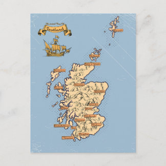 Illustrated Travel map of Scotland Announcement Postcard