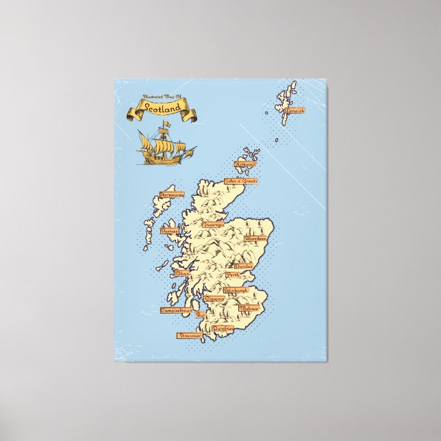 Illustrated Travel map of Scotland Canvas Print (Front)