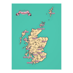 Illustrated Travel map of Scotland (Teal Version) Photo Print