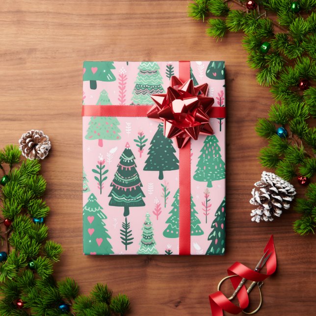 Illustrated Tree Pink Heart Xmas Wrapping Paper (Holiday Gift)