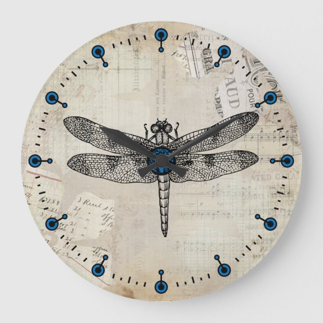 Illustrated Vintage Dragonfly Large Wall Clock (Front)