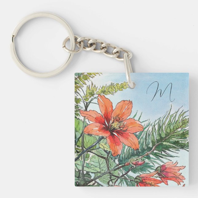 Illustrated Watercolor Botanical Orange Floral Keychain (Front)