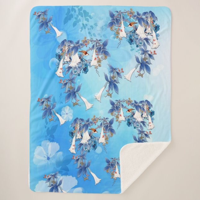 Illustrated  Watercolor Moon-flower Sherpa Blanket (Front)