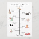 Illustrated Watercolor Wedding Timeline Program<br><div class="desc">Rustic colourful watercolor wedding day elements,  timeline program. Card features church,  camera,  bottle with glass,  plate setting,  music notes,  cake,  bouquet,  and retro race car. Back of card features watercolor garden greenery branches. Text font style and colour can be customized.</div>