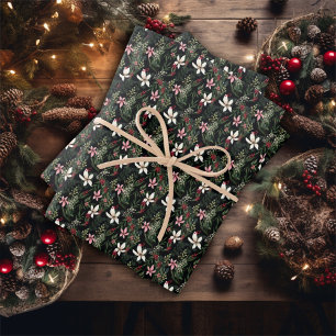 Illustrated Winter Floral Poinsettia Christmas Wrapping Paper Sheet