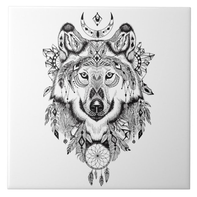 Illustrated Wolf Dream catcher Tile (Front)