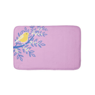 Illustrated Yellow Bird on a Pink Background Bath Mat