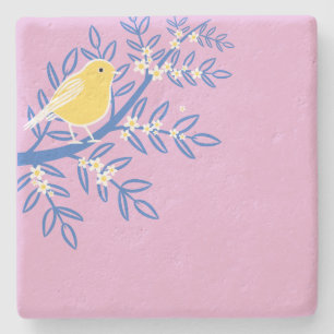 Illustrated Yellow Bird on a Pink Background Stone Coaster