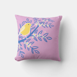 Illustrated Yellow Bird on a Pink Background Throw Pillow