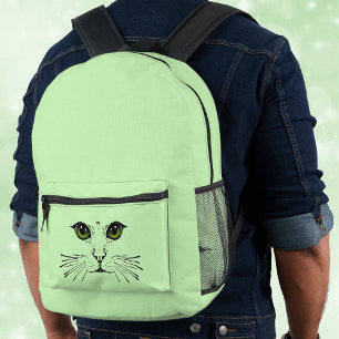 Illustration Black Cat Face Vivid Green Eyes Printed Backpack