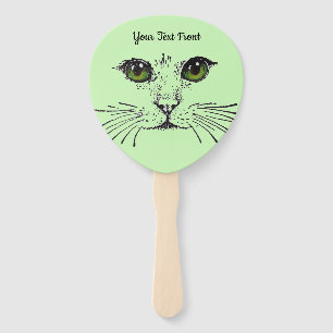 Illustration Cat Face Vibrant Eyes Whiskers Green Hand Fan