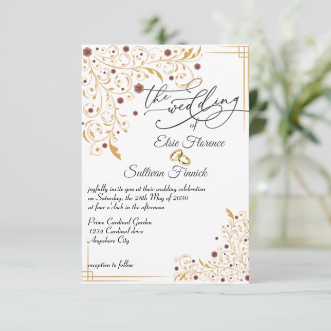 Illustration d'art floral or faire-part de mariage (Debout devant)