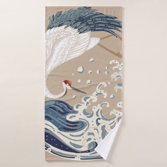 Illustration de grue et vague japonaise. Tradition (Serviette de bain)