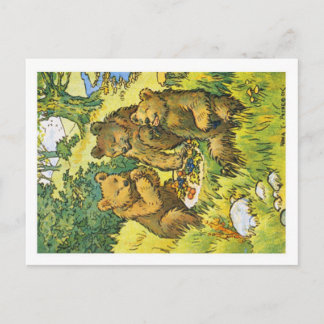 Illustration depicting three picnicking bears postcard