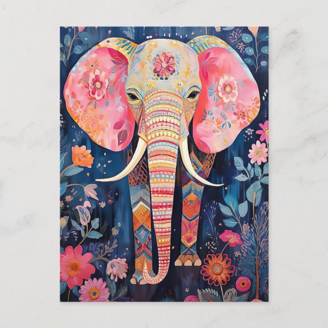 Illustration Elefant with Flowers Postcard (Front)