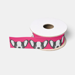 Illustration French Bulldog with pink background Grosgrain Ribbon