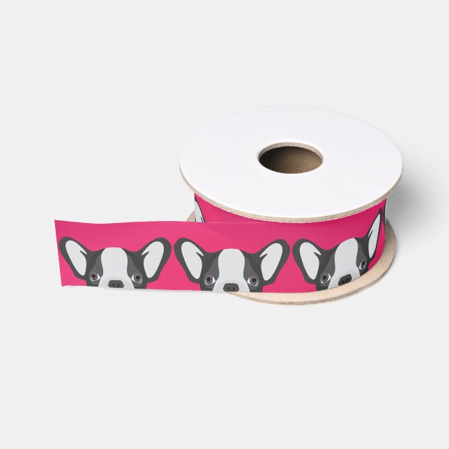 Illustration French Bulldog with pink background Grosgrain Ribbon (Spool)