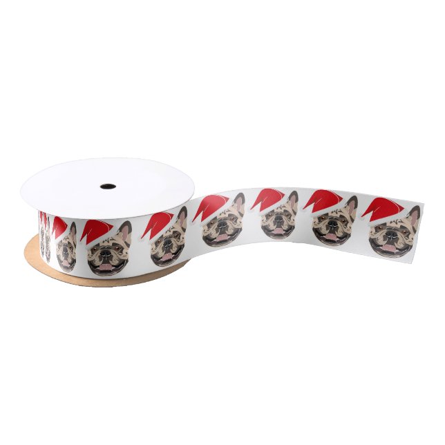 Illustration French bulldog with red Santa hat Satin Ribbon (Spool)