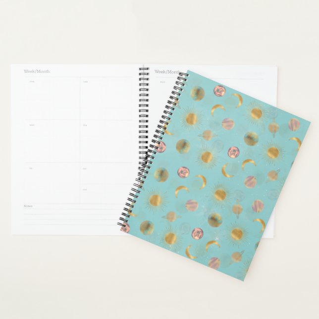 Illustration Gold Sun Moon Planètes Space Blue (Devant avec enveloppe)